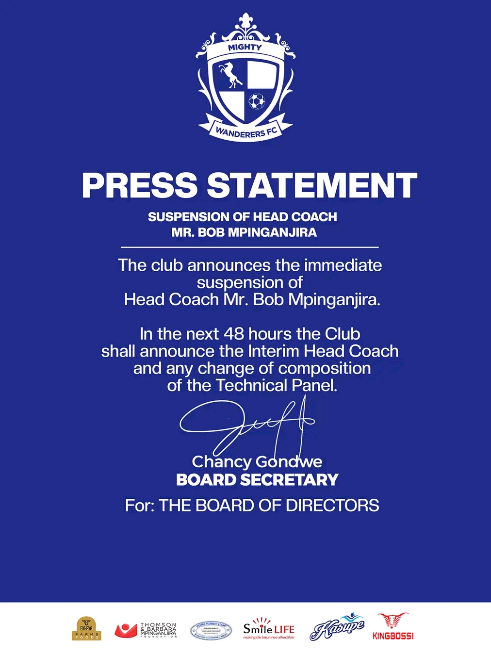 BOB SUSPENDED AT WANDERERS 